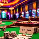 Experience thrilling gaming at ok365t.fit with vibrant casino tables, cards, and roulette wheels.
