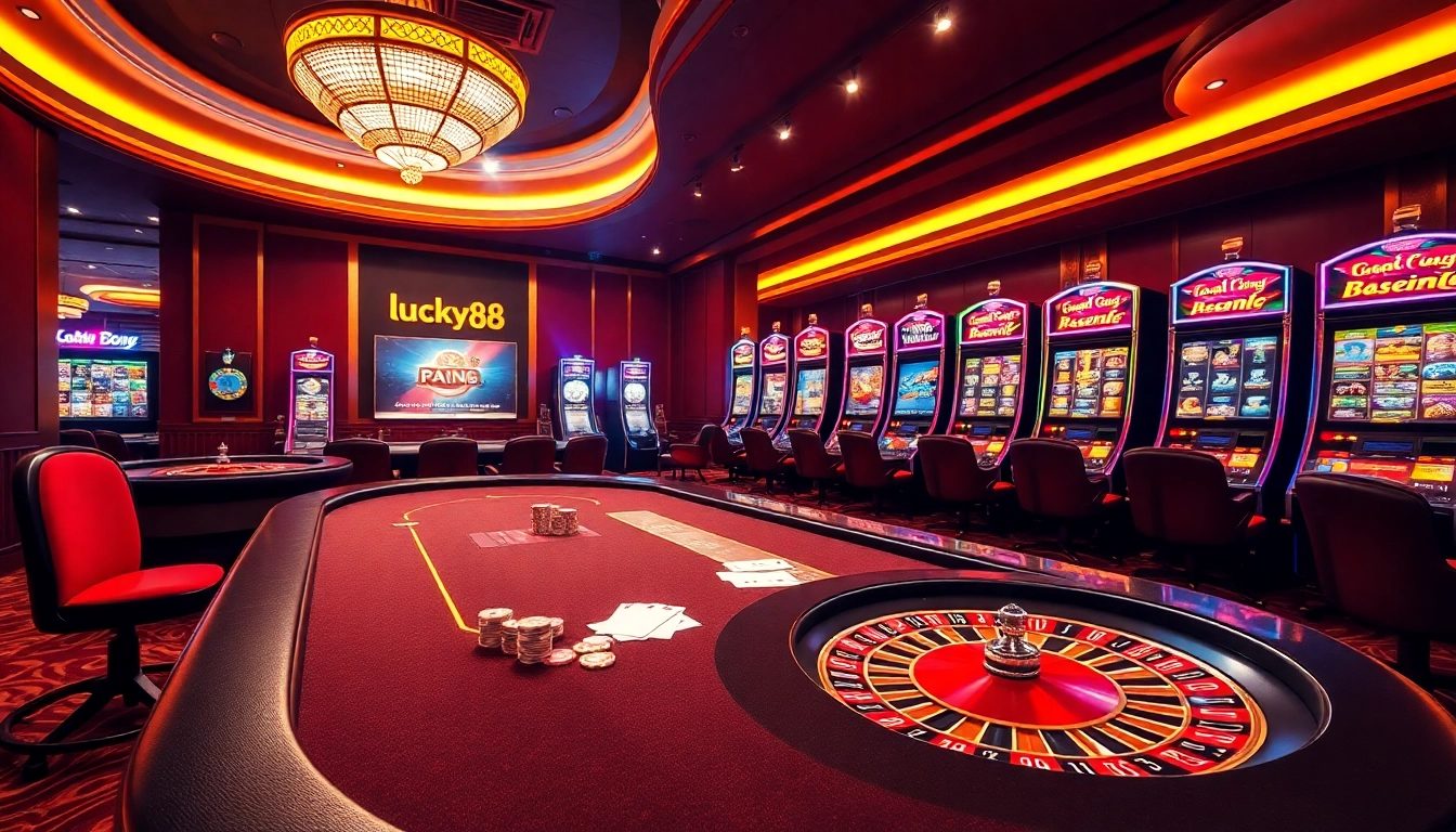 Lucky88 players experiencing the excitement of a vibrant online casino atmosphere with slot machines and card games.