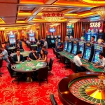 SX88 players enjoying a premium casino experience with poker, roulette, and vibrant slot machines.
