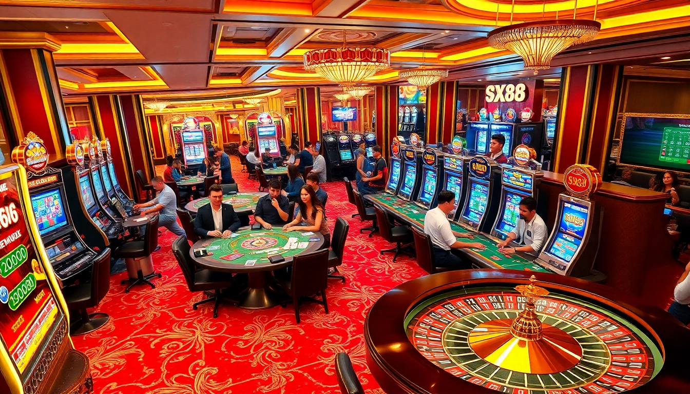 SX88 players enjoying a premium casino experience with poker, roulette, and vibrant slot machines.