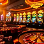 Luckywin online gaming interface with vibrant slot machines and poker chips on display.
