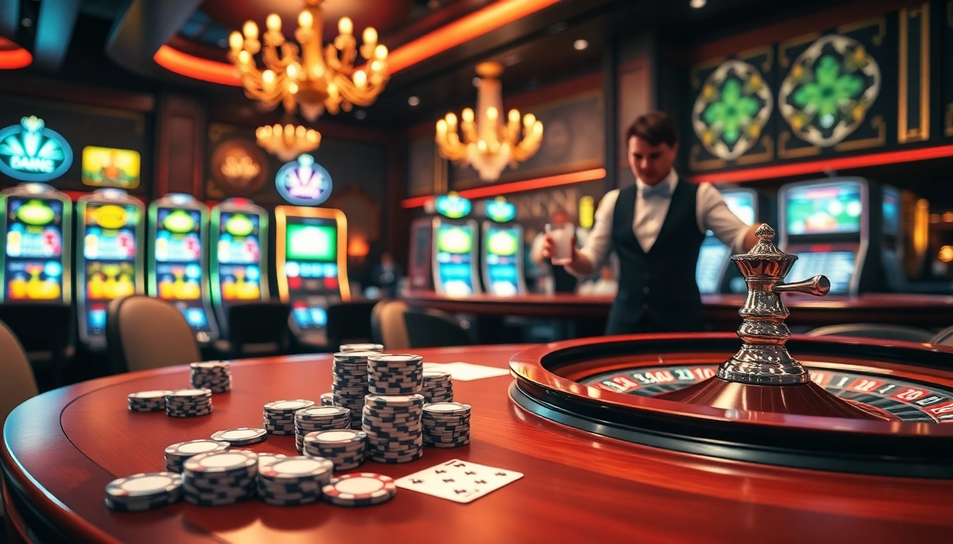 Experience thrilling gameplay at https://hb88hz.club/ with vibrant poker chips and a roulette wheel in a luxury casino.