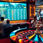 Experience the thrill of gambling with the B52 WEB digital interface surrounded by players at a luxurious casino.