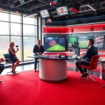 Engaging scene in sports broadcasting featuring anchors with vibrant studio background.