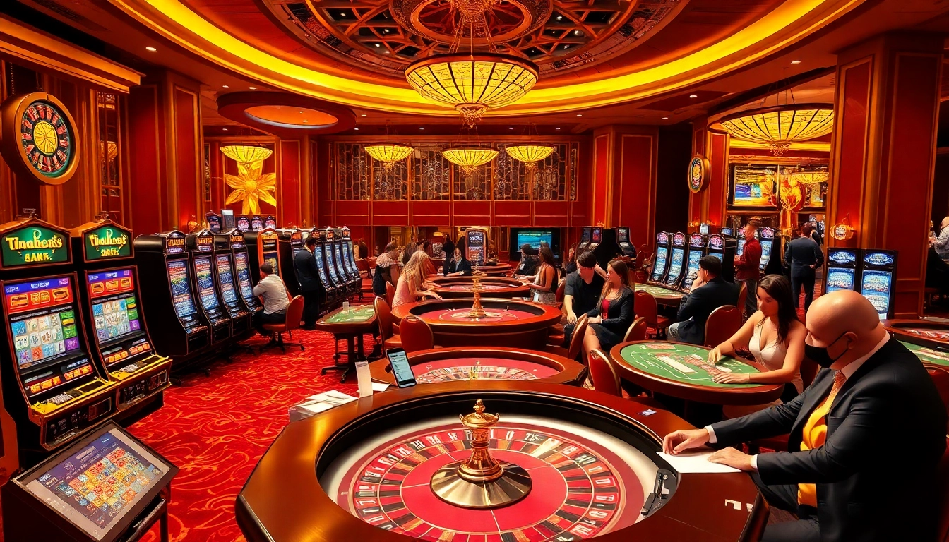 Experience the thrill of betting on thabet com at a luxurious casino with vibrant gaming tables.