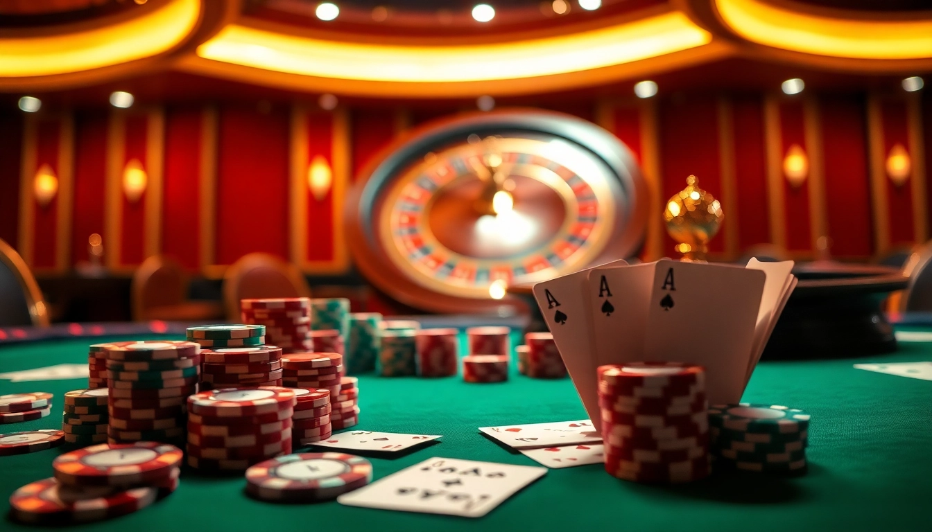 Engaging scene at UU88 casino featuring poker table and roulette wheel
