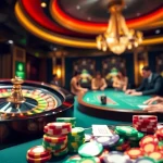 Experience thrilling gameplay at RR88 with a vibrant casino ambiance featuring a roulette wheel and poker table.