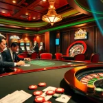 hb88 club poker players engage in a high-stakes game with vibrant slots and roulette.