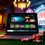 Vibrant online betting interface on laptop showcasing TTPTP games, poker chips, and casino atmosphere.