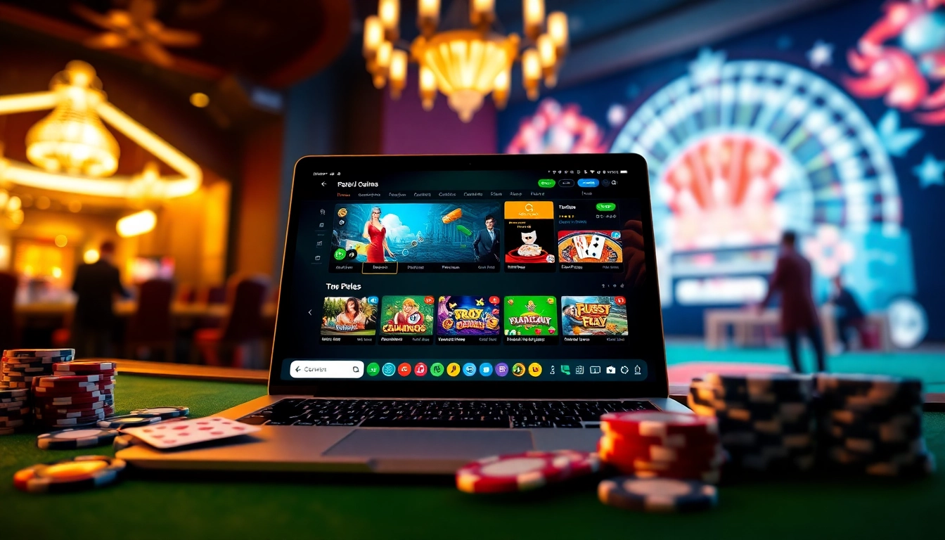 Vibrant online betting interface on laptop showcasing TTPTP games, poker chips, and casino atmosphere.