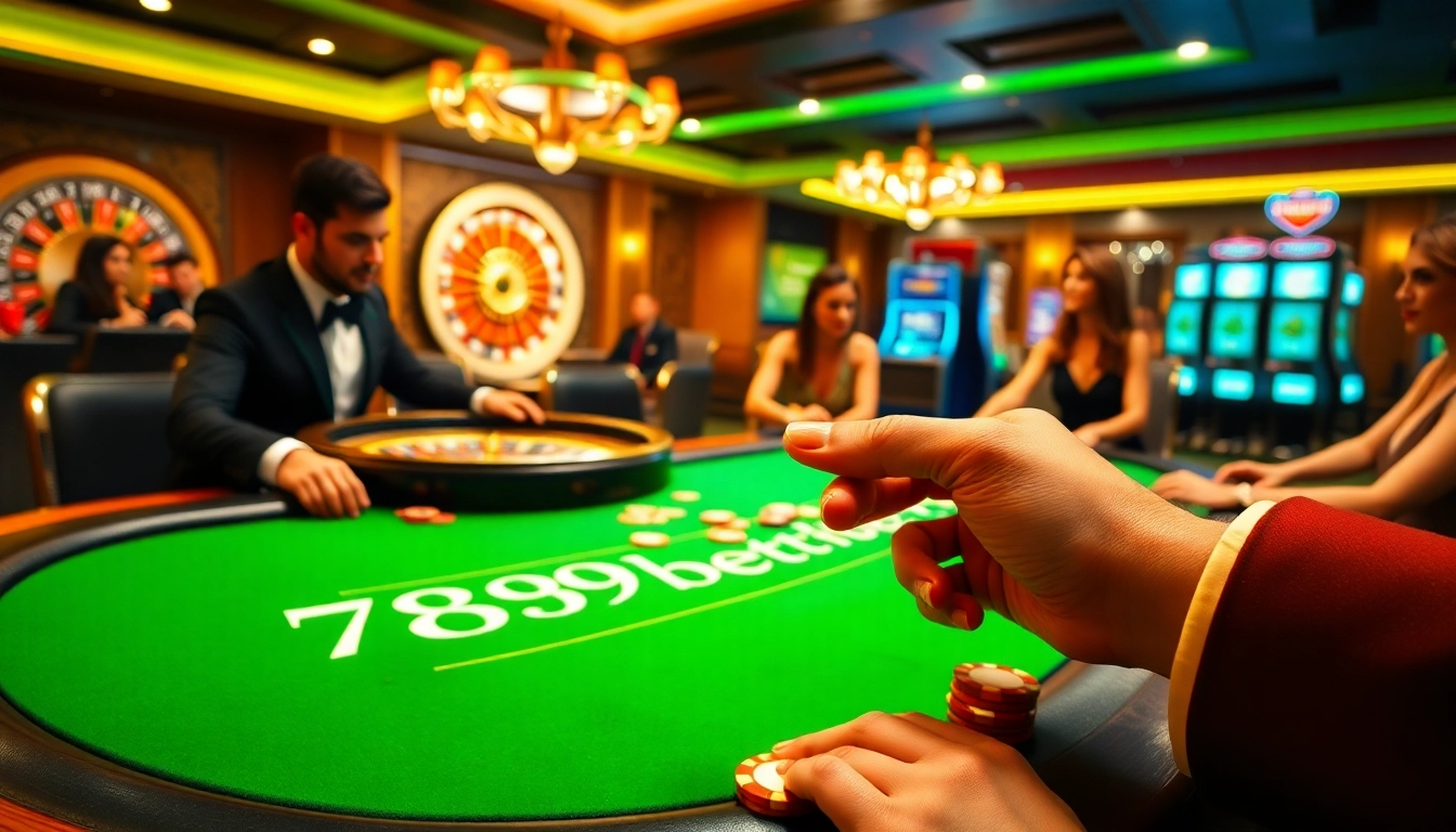 Exciting poker gameplay at 789bet casino with luxurious chips and a roulette wheel.