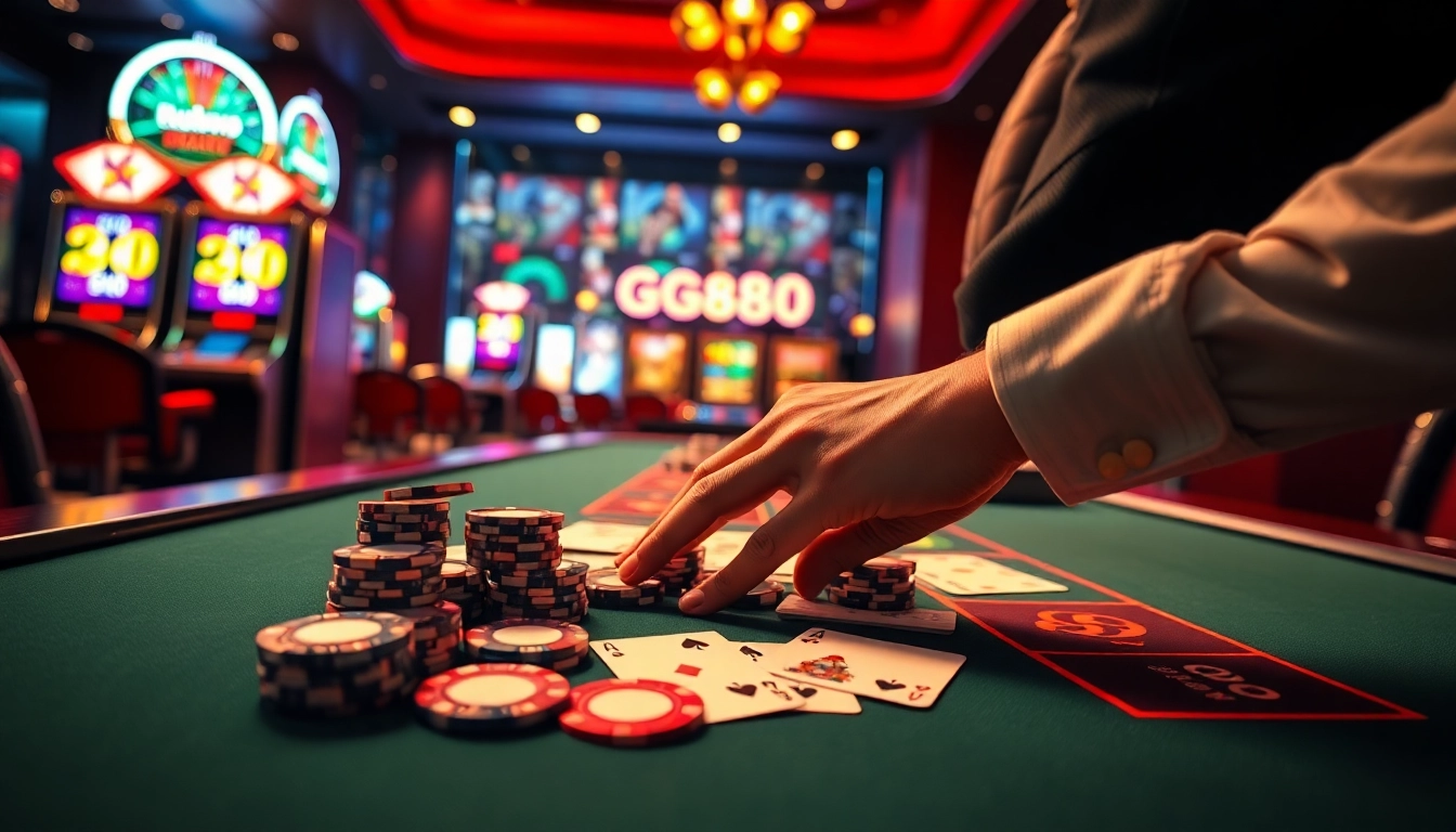 GG88 bright casino table energized with high-stakes poker chips and cards.