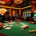 Cheerful gamblers enjoying high-stakes gameplay at https://luck88.video/ poker table in a luxury casino.