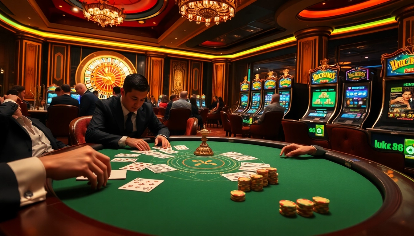 Cheerful gamblers enjoying high-stakes gameplay at https://luck88.video/ poker table in a luxury casino.