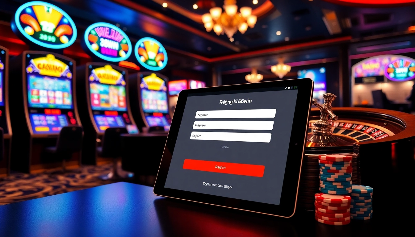 Exciting online casino scene illustrating the đăng ký 68win registration process with vibrant gaming elements.