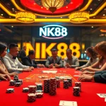 Players enjoy a thrilling game at a luxurious casino table featuring NK88 chips and cards.