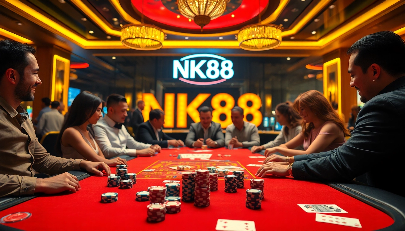 Players enjoy a thrilling game at a luxurious casino table featuring NK88 chips and cards.