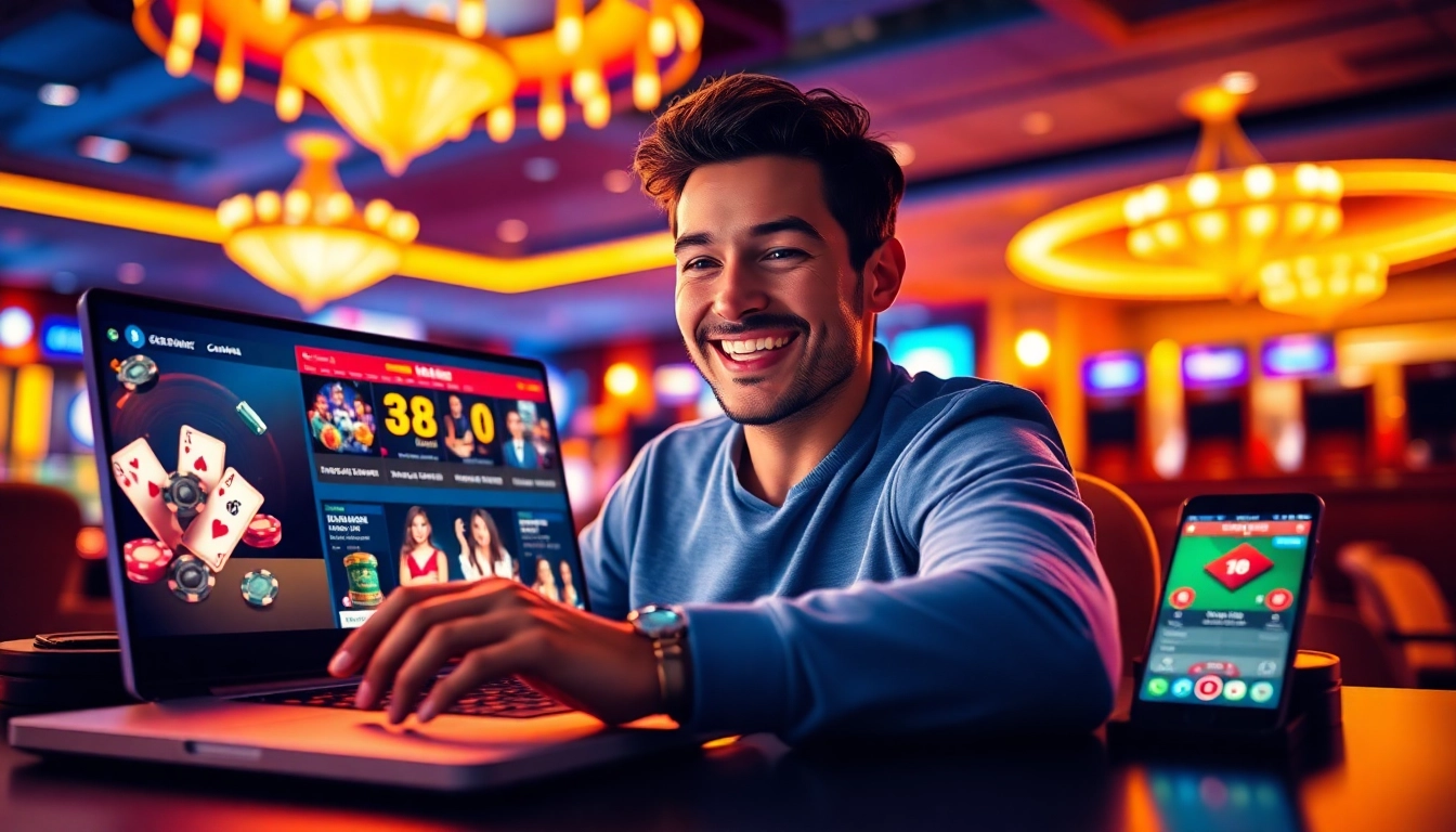 Player enjoying 58ee online casino gaming, showcasing excitement and trust in a vibrant atmosphere.