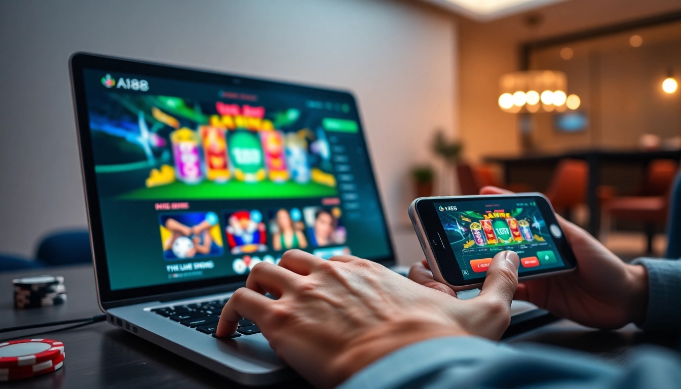 A188 online casino interface displaying exciting games on laptop and smartphone.