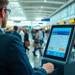 Engaging with uk eta online application at a modern airport kiosk.