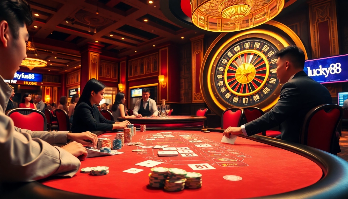 Players enjoying a thrilling game at lucky88 casino, surrounded by vibrant poker chips and a roulette wheel.
