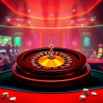 Experience the excitement of Hit Club with vibrant casino elements like roulette wheels and poker tables.