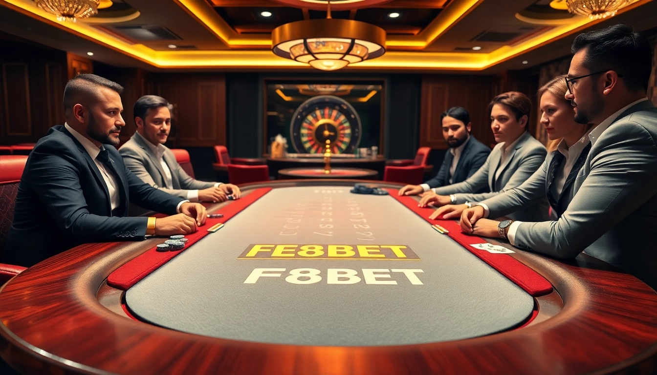 F8BET players strategizing at a luxurious poker table in an inviting casino environment.