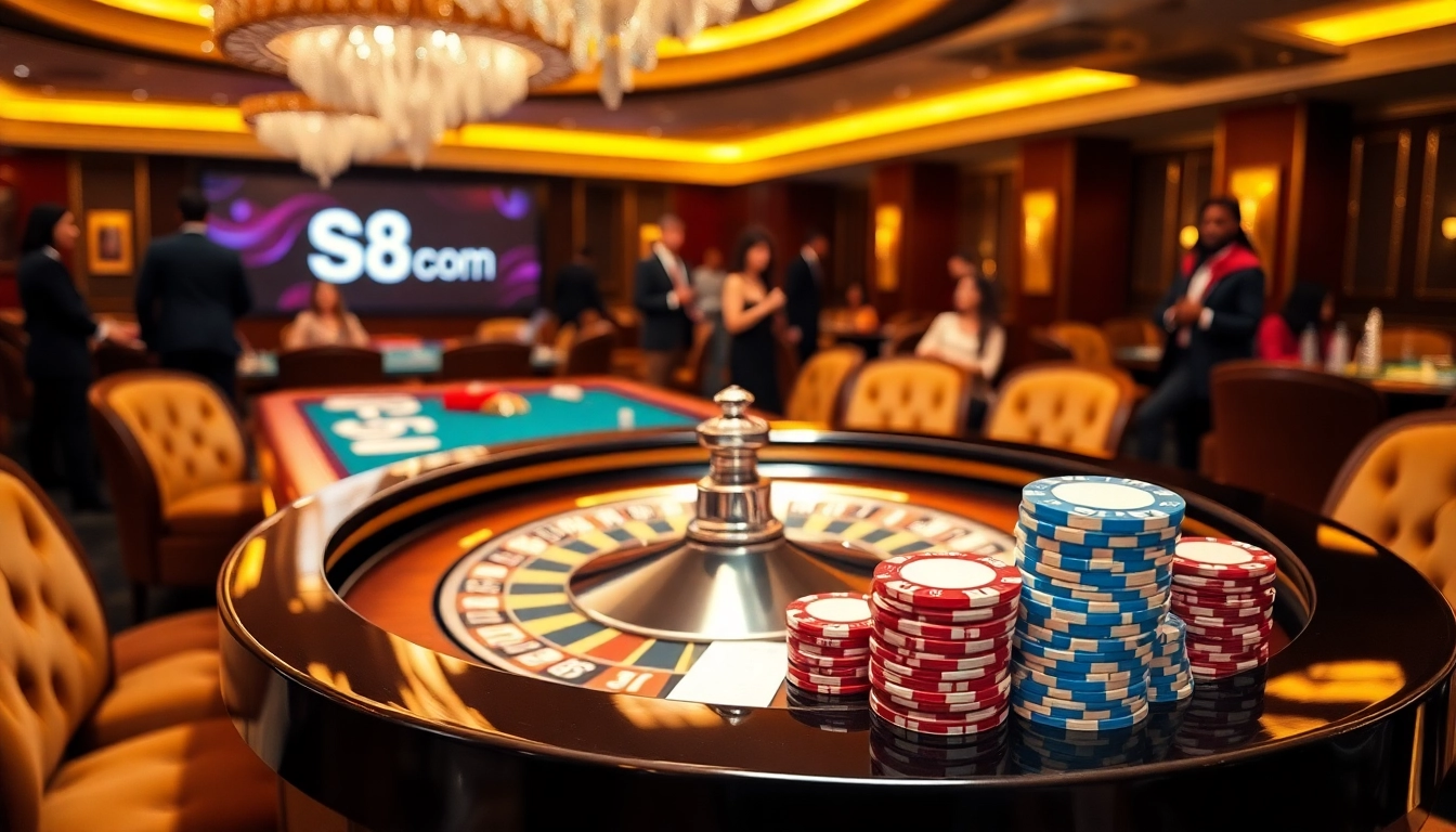 Players engaging around a roulette table with S8 Com displayed, capturing the thrill of gambling.