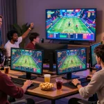 Friends enjoying an online gaming session with sports betting and casino games at https://sc88e.net/ in a vibrant setting.