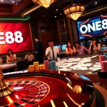 ONE88 casino scene featuring roulette and excited players capturing the thrill of gambling.