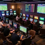 Exciting sports betting atmosphere in modern online casino, LINK VB88 showcasing live events and enthusiastic bettors.