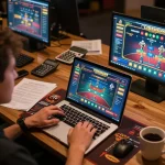DABET player enjoying immersive online casino gaming with strategic notes and multiple screens.
