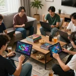 Engaged players enjoy the rikvip online gaming platform in a cozy home environment.