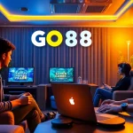 Engaging scene of gamers enjoying diverse games on GO88 platform, showcasing modern gaming setup.