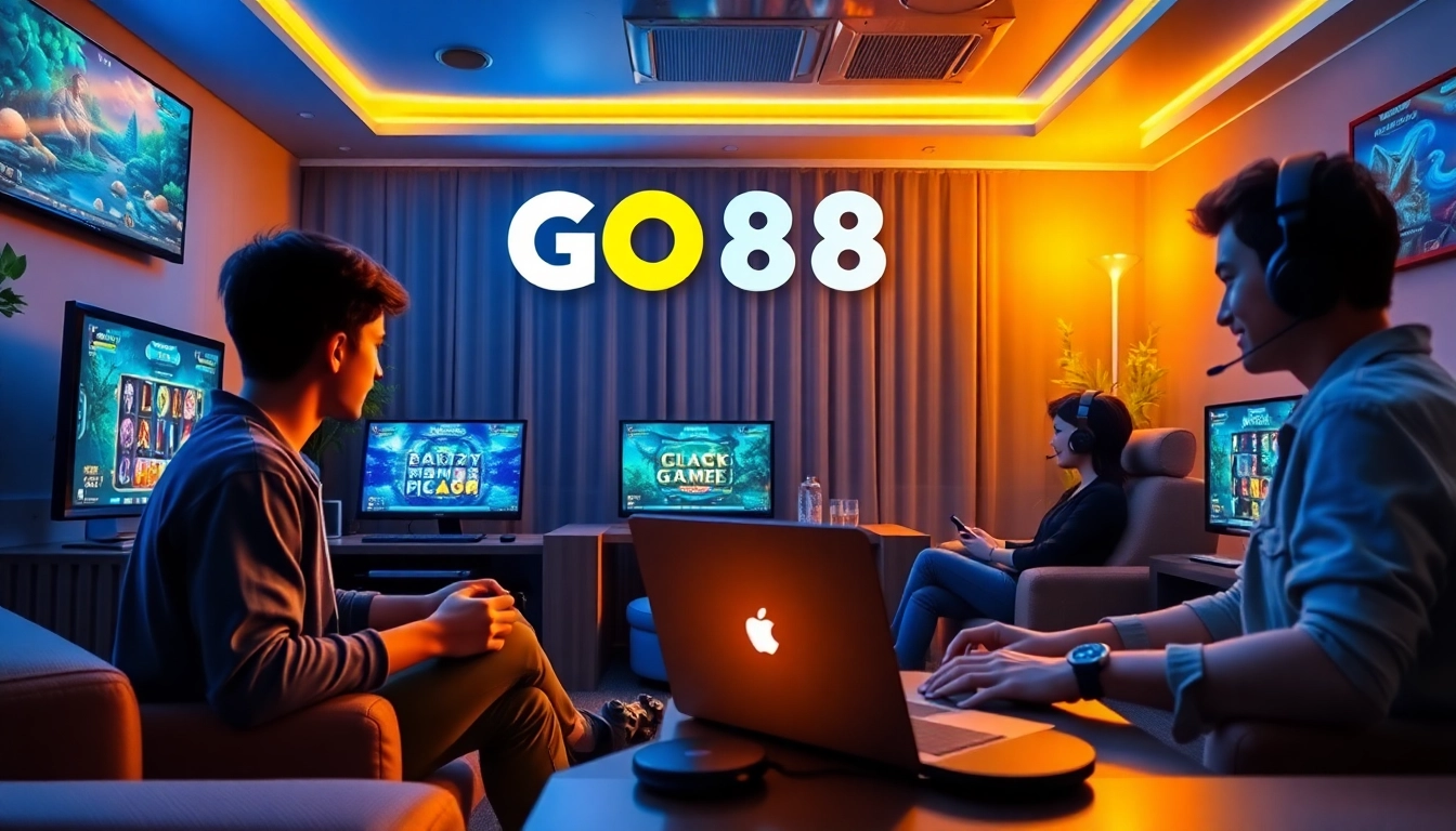 Engaging scene of gamers enjoying diverse games on GO88 platform, showcasing modern gaming setup.