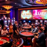 Gamblers enjoying exciting games at LU88.de.com casino with lively slot machines and poker tables.