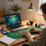 Engaging in a live dealer blackjack game with FIVE88 at home, showcasing responsible gambling strategies.