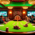 Engage with thrilling action at a poker table in a luxurious casino, related to ดูบอลสด666.