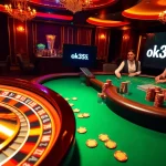 Experience the excitement of online gambling at ok365 net with vibrant casino scenes featuring roulette wheels and poker games.