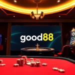 Gamblers enjoying a stylish online casino experience at good88 with poker chips and vibrant slot machines.