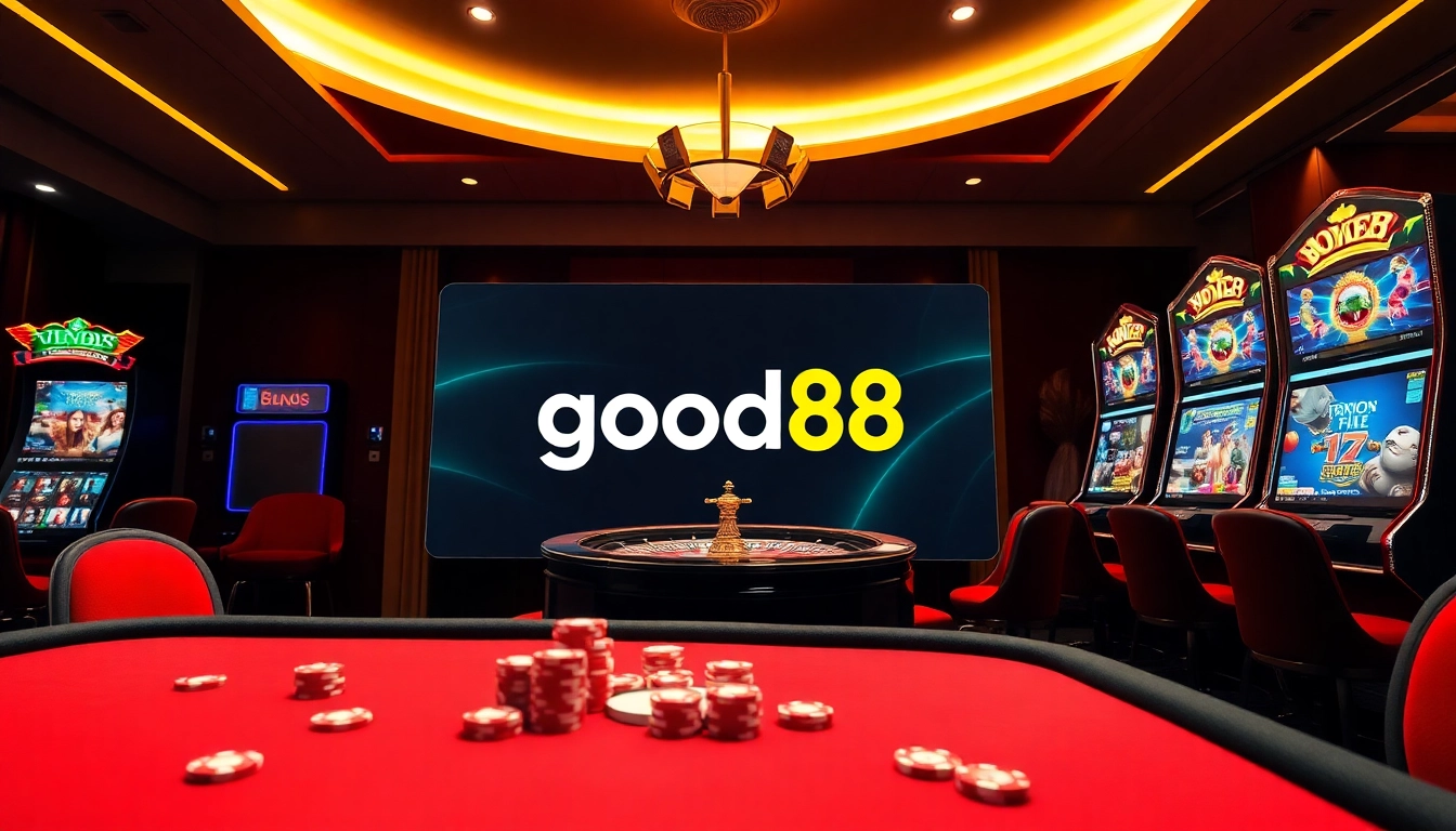 Gamblers enjoying a stylish online casino experience at good88 with poker chips and vibrant slot machines.