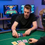 FC88 poker player strategizing in an intense online game environment.