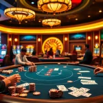 Players enjoy the thrill of F168 poker at a vibrant casino table with colorful chips and cards.