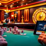 Experience thrilling poker action at iq88, showcasing vibrant chips and cards in a luxurious casino.
