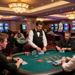 11win blackjack gameplay highlights with players making strategic decisions in a luxurious casino atmosphere