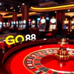 Experience the excitement of GO88 at a luxurious casino table with vibrant poker chips and slot machines.