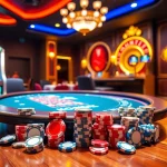 Experience the thrill of FC88 at the glamorous casino tables with poker chips and roulette wheel.