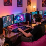 Engaging AI NSFW chat scene with dynamic gaming setup and vibrant atmosphere