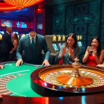 Players enjoying high-stakes gaming at https://da88.navy/ casino, with roulette wheel and vibrant atmosphere.