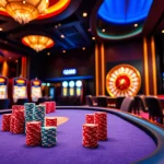 Exciting poker game at iq88 casino showcasing vibrant chips and action.